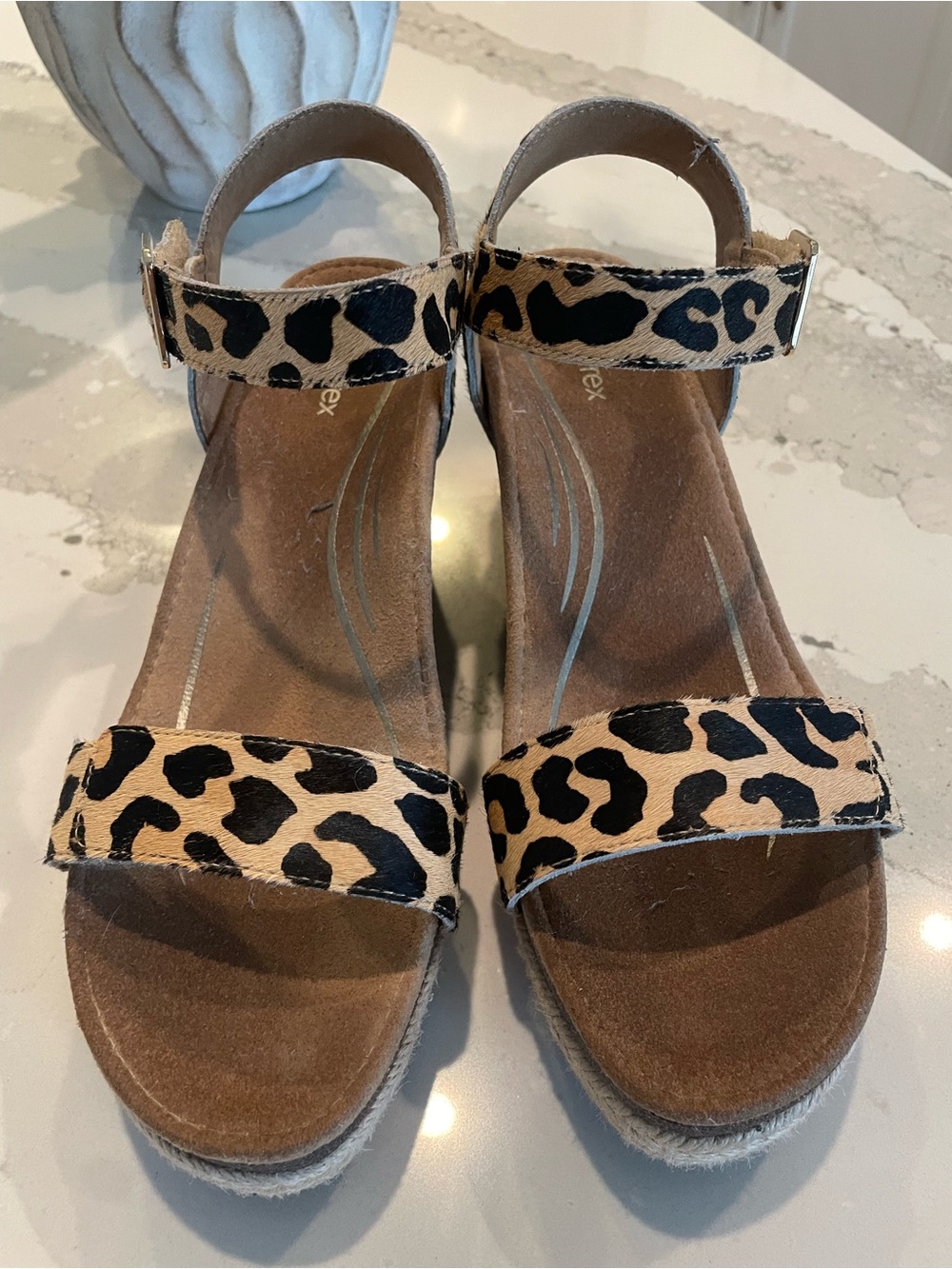 Aetrex Sydney Leopard print Wedge Sandal w/real cow hair. Ankle-Strap.